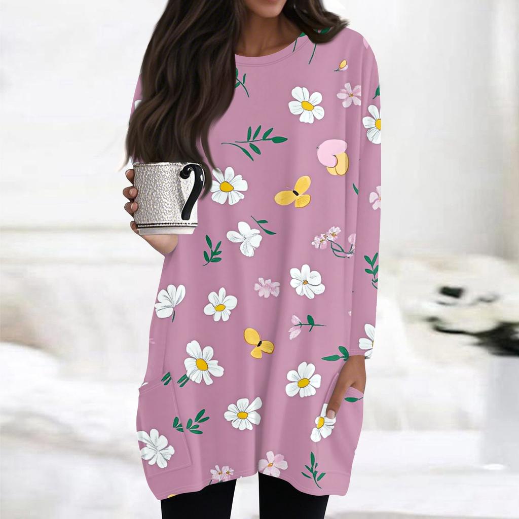 Womens Tops Round Neck  Long Sleeve Blouses Casual Mid-length Shirts Fashion Print Tunic Tops With Pockets