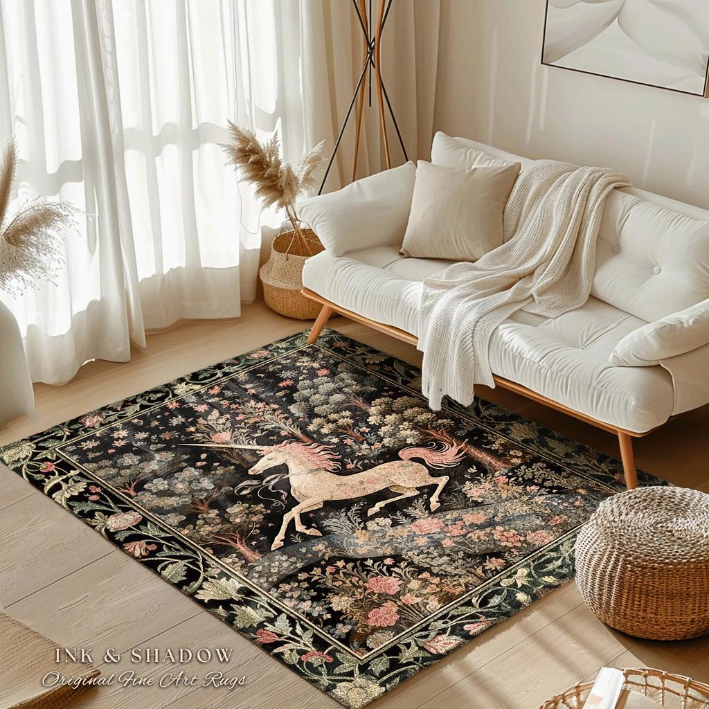 Celestial Unicorn Aesthetic Rug Folklore Aesthetic Room Decor Morris Inspired Cottagecore Cozy Unicorn Area Rug Mystical Bedroom
