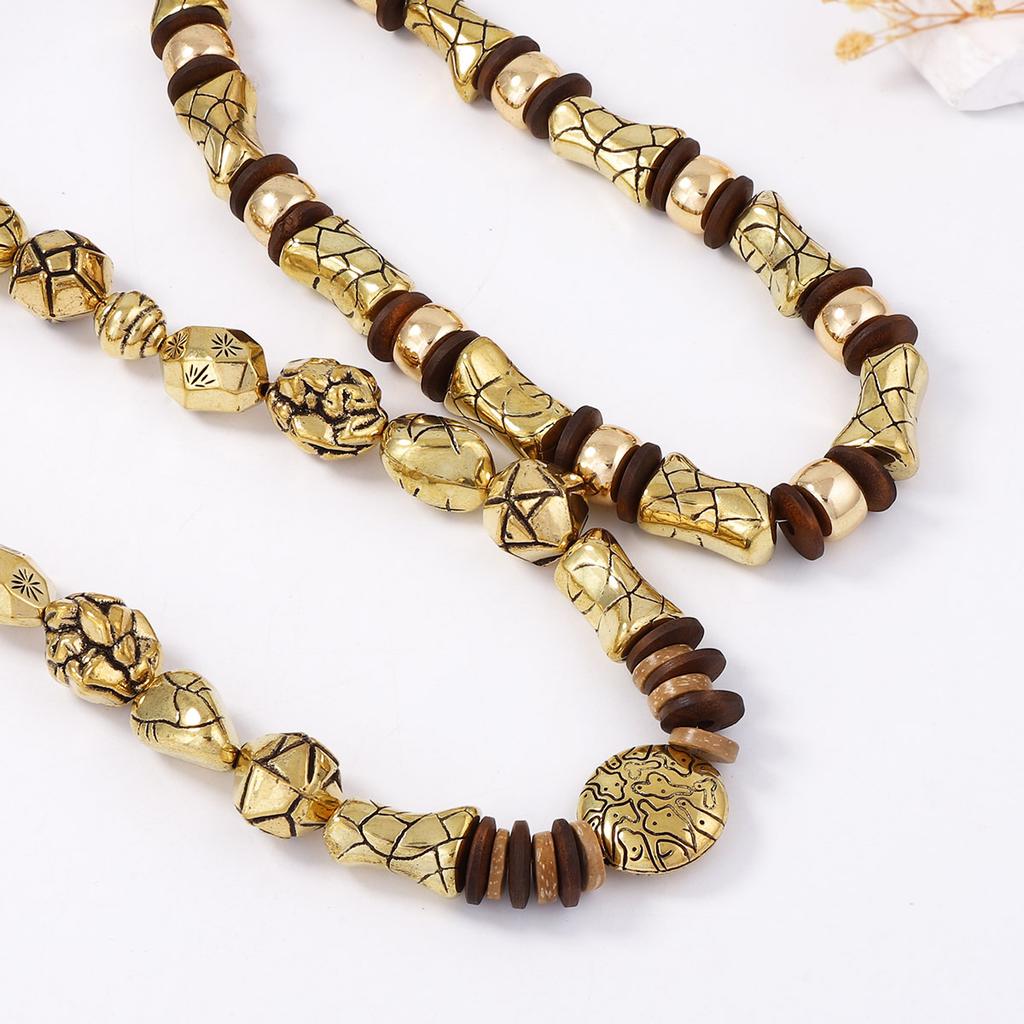 European and American Personality Vintage Maillard Geometric Unique Texture CCB Wood Beaded Double Layer Necklace Women