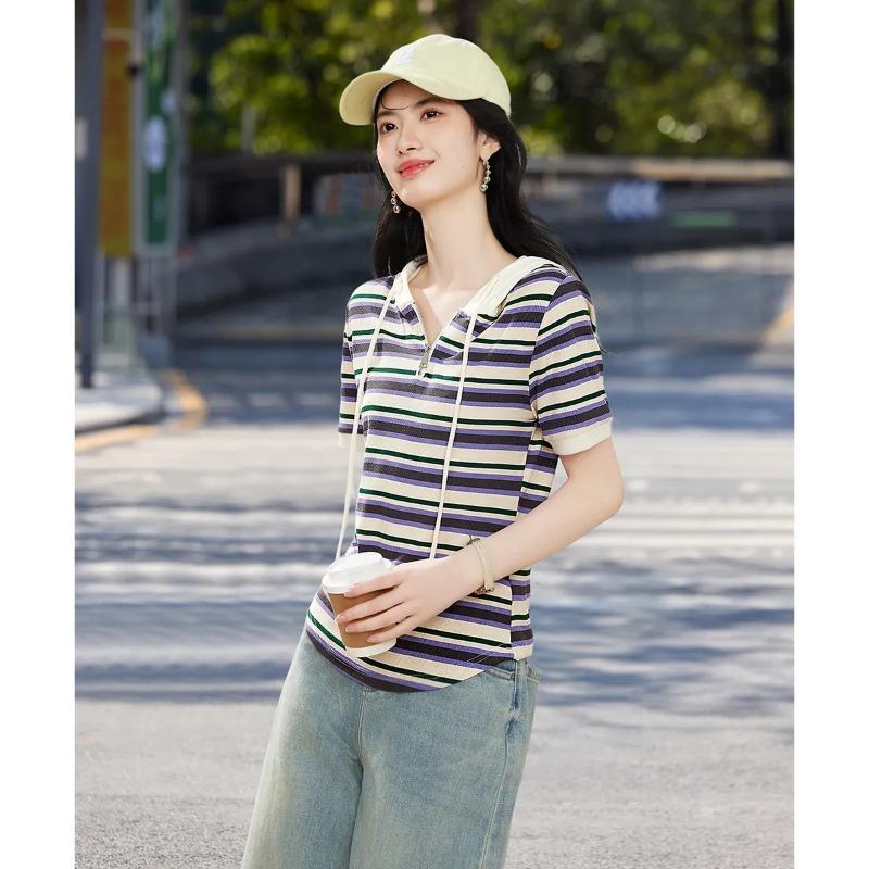 

Womens Striped Hooded Half Zip Short Sleeve T Shirt S фиолетовый