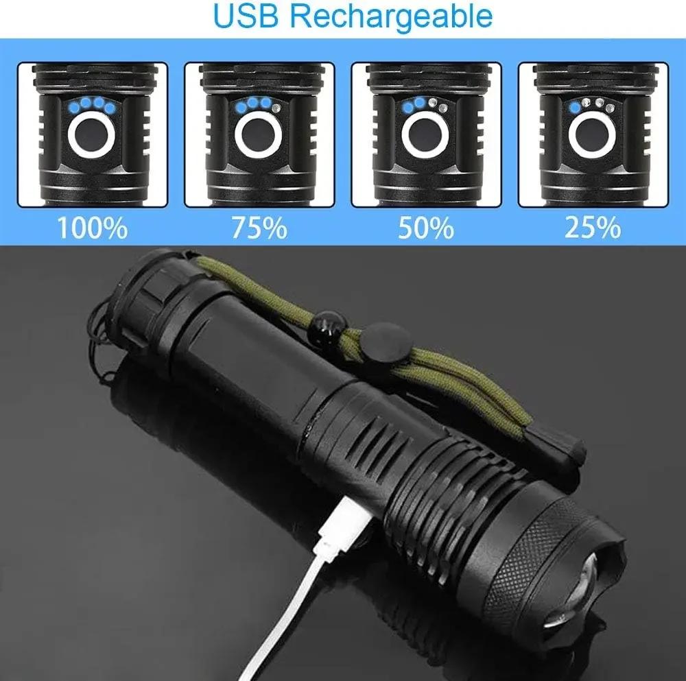 High Power LED Flashlight Rechargeable - Long Range Torch with Telescopic Zoom, Bright Self-Defense Flashlight for Outdoor Use
