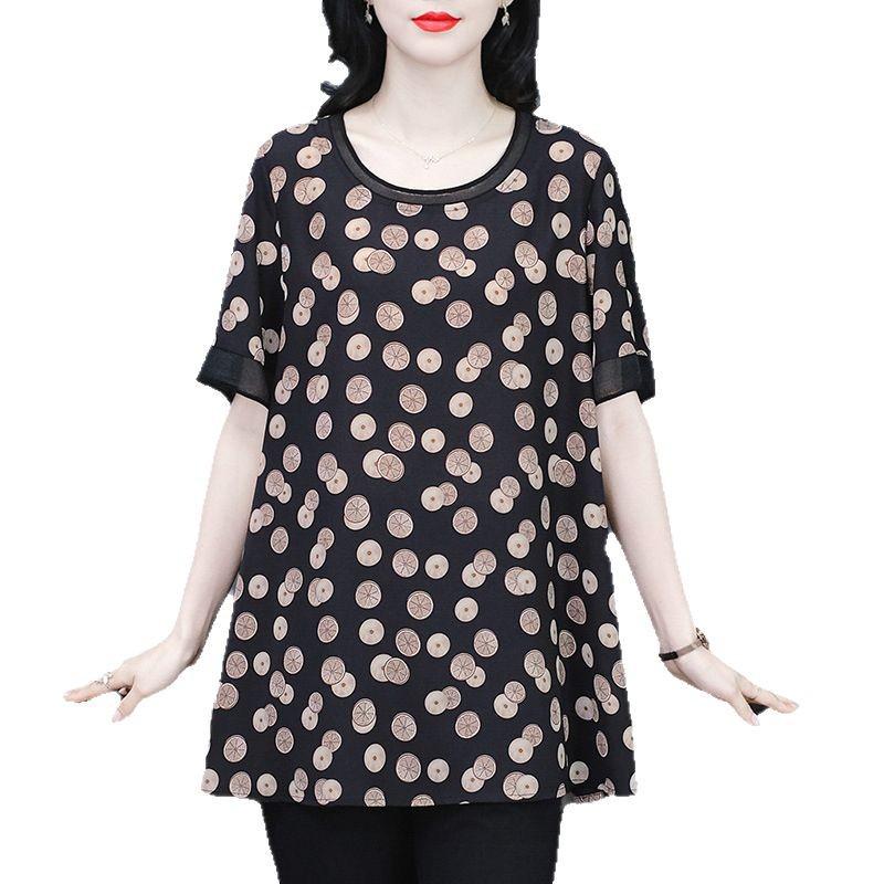 2025 Summer Print Loose Plus Size Chiffon Shirt for Middle-Aged Women