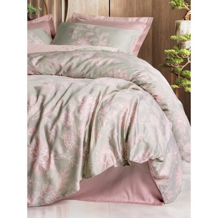 Parure de lit - 1 housse de couette 220 x 240 cm + 2 taies d'oreiller 60 x 60 cm - Satiné 100% coton - Poudre