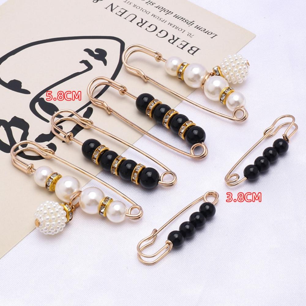 6-Piece Set Pearl/Black Bead Waist Adjustable Safety Pins, Elegant Pants Waist Cincher Brooch, Ideal for Daily Clothing Repair