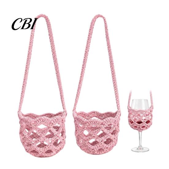 Laccetto Portabicchieri Vivavoce, Manicotto all'Uncinetto per Bicchieri da Vino, con Lunga Tracolla Tubolare Borsa a Tracolla Portatile, per Picnic all'Aperto