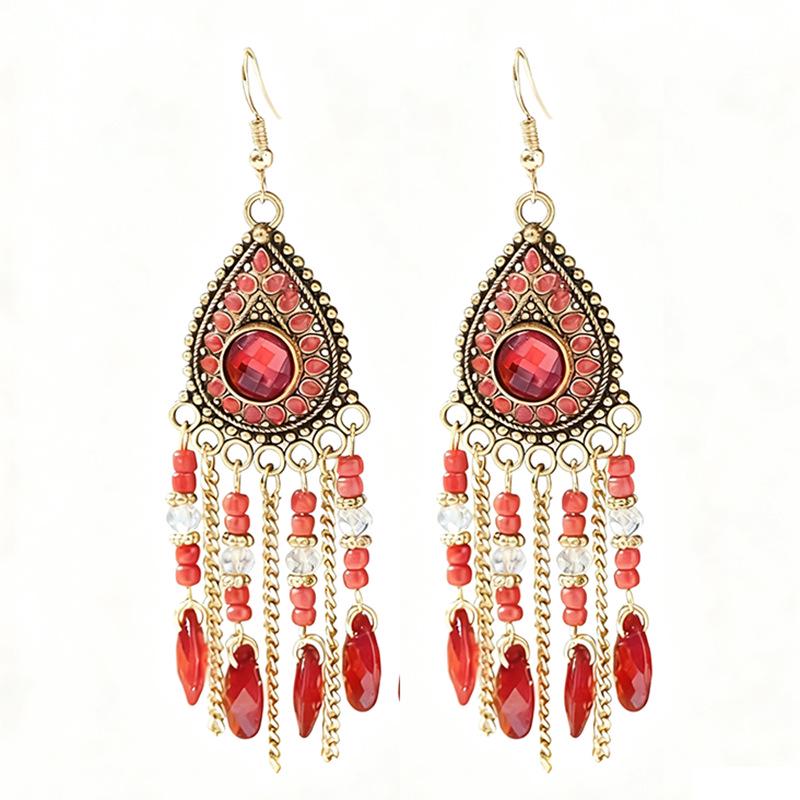 Bohemian Crystal Tassel Earrings - Ethnic Style, Slim Face, Exaggerated Design for Travel