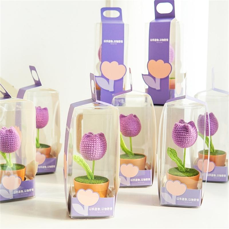 Artificial Knitted Tulips Flower Potted Hand Woven Crochet Flower Tulips Plant Desktop Ornament Home Decorations
