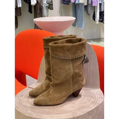 Sheepskin Version Retro Suede Folded Two Wear Pointed Western Cowboy Boots Women's Thick Heel Medium Tube Knight Boots Martin Boots