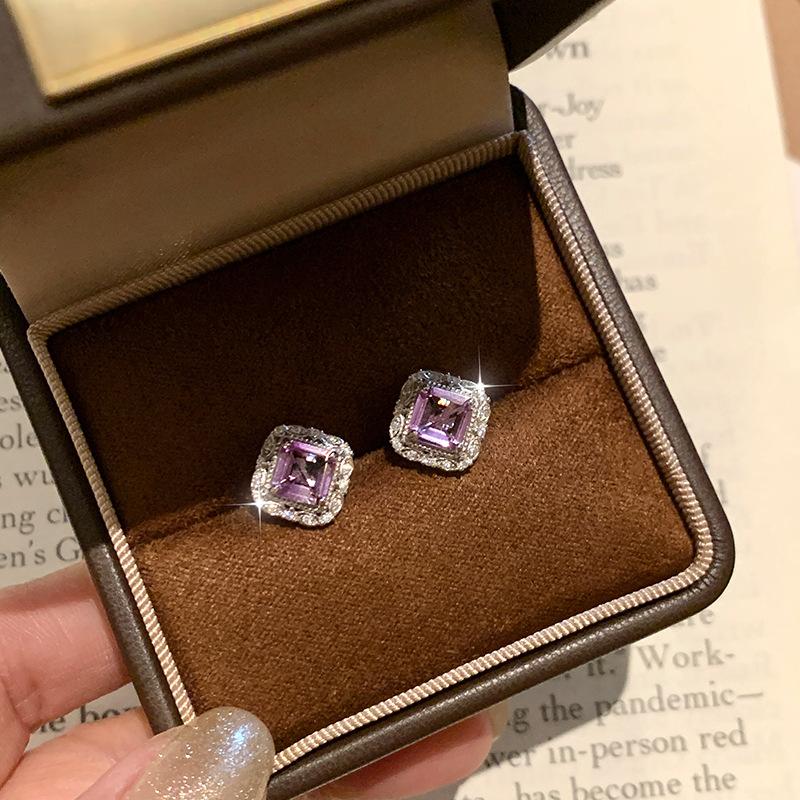 Viral Princess Cut Crystal Earrings, S925 Silver Garnet Studs, Trendy Jewelry
