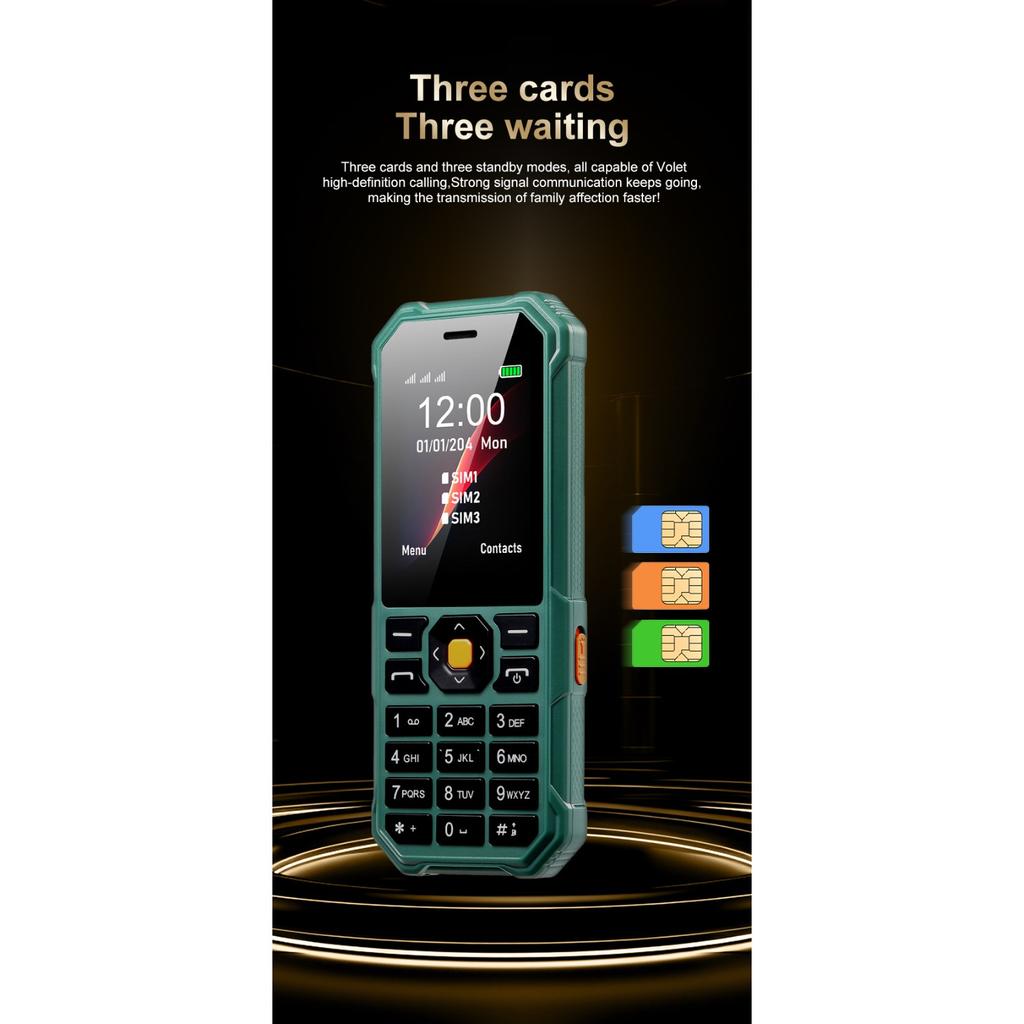 Rugged Feature Phone,2.4 Inch Screen,Triple SIM 3 Standby,Large Capacity Battery,Loud Speaker Physical Keypad Mobile Phone for Outdoor & Daily Use