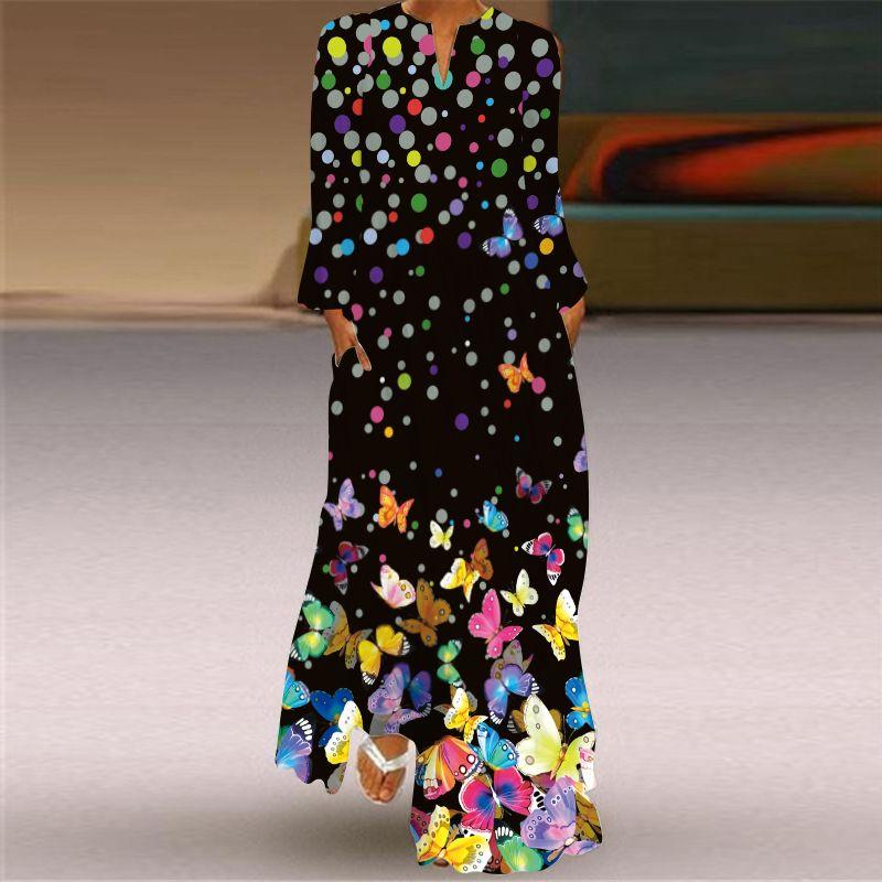 2025 Spring and Summer Fashion New Women's Retro Butterfly Print Long Dress Chiffon V Neck Long Sleeves Pocket Dress