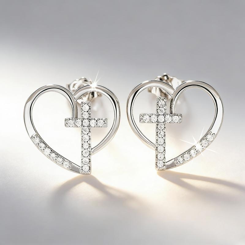 

Huitan Heart Cross Stud Earrings for Women Copper Color Cubic Zirconia Crystal Paved Religious Zircon Trendy Faith Gift for Her
