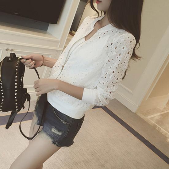 Cienka koronkowa kurtka damska ze stójką, zapinana na zamek, prześwitująca kurtka baseballowa