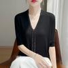 Summer Women's Silk Knit Sweater Short Sleeve V-neck Diamond Knitted Sweater Loose Knit  T Shirt Top