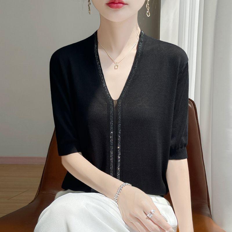 Summer Women's Silk Knit Sweater Short Sleeve V-neck Diamond Knitted Sweater Loose Knit  T Shirt Top