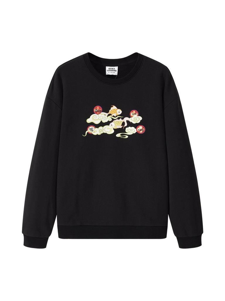 Men's Dunhuang Print Heavyweight Black Hoodie, Long Sleeve, Pure Cotton, 380G, Autumn/Winter.