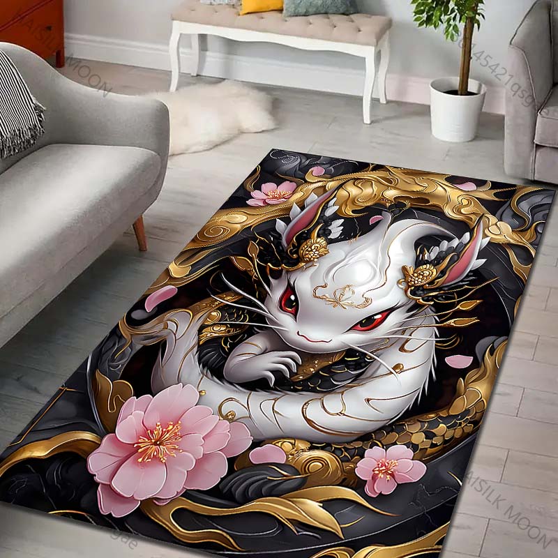 

White cat with goldpatterned cherry blossoms Print Carpet Rug for Living Room Bedroom Sofa Doormat Home Decor Non-slip Floor Mat 40x60cm