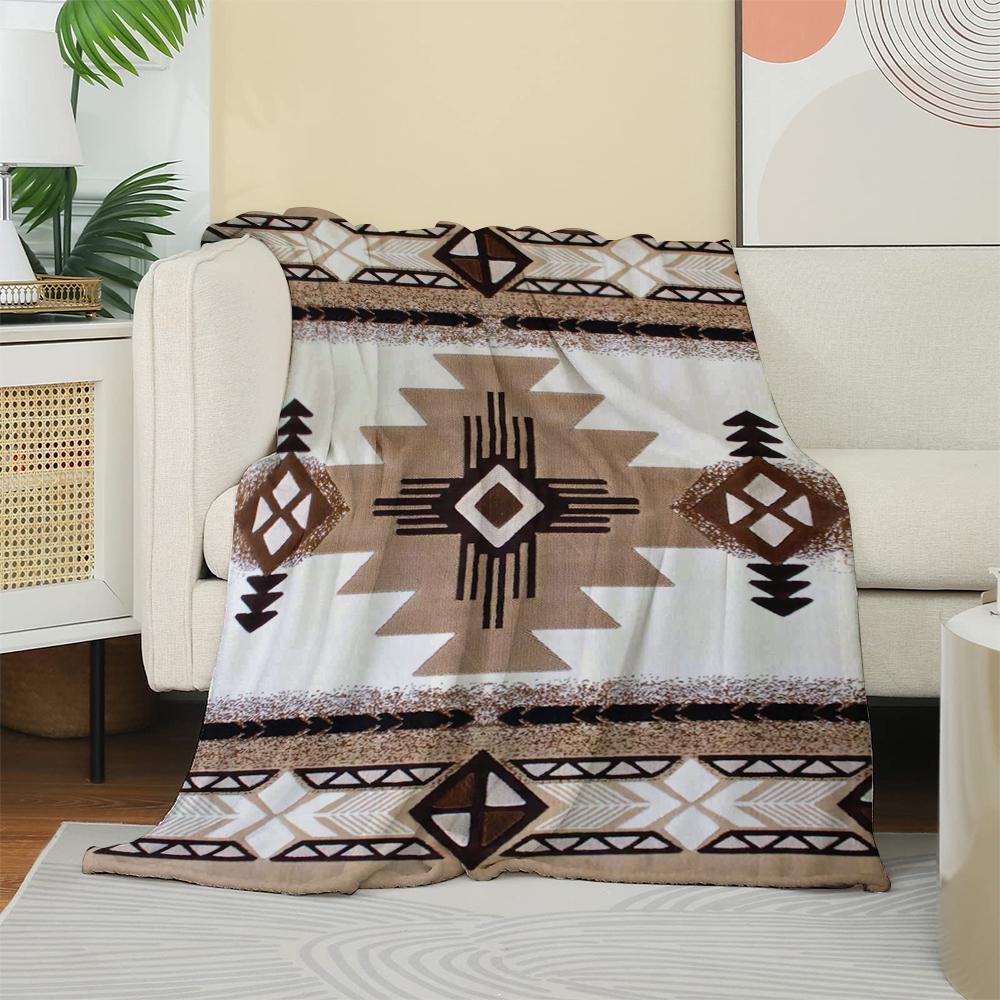 Southwestern Navajo Pattern Flannel Blanket, Tribal Geometric Art Throw, Soft Cozy For Western Style Home Decor Couch Gift