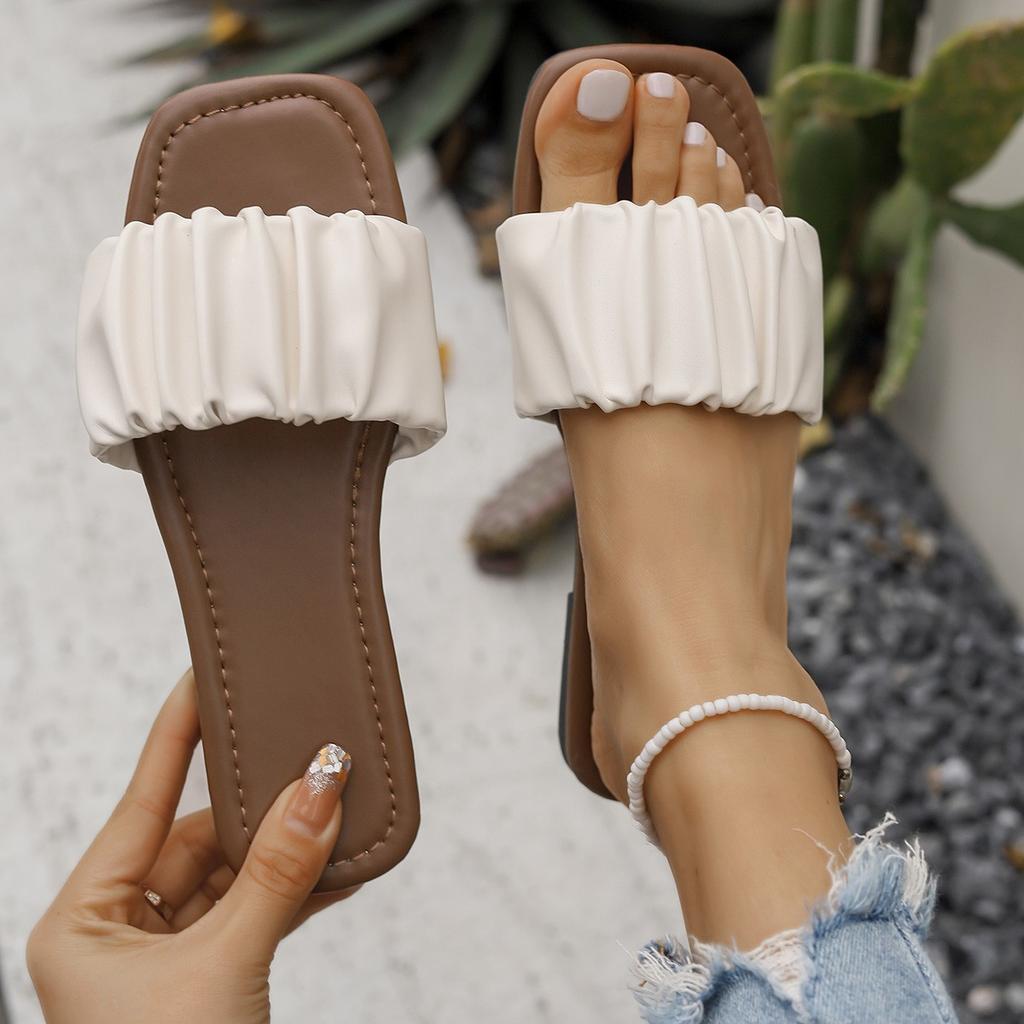 Sommer Hausschuhe für Damen Plissierte Flip Flops Flats Neue Koreanische Hausschuhe Damen Sandalen Grün Slip-on Schuhe Große Größe 36-42