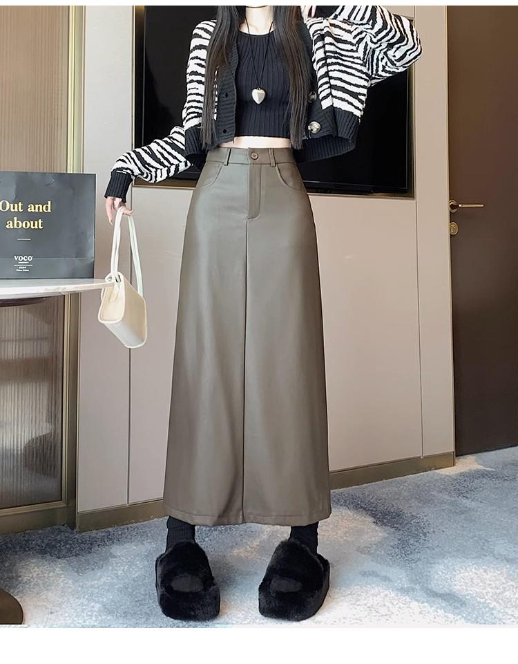 Plus Size High Waist PU Leather Midi Skirt - Retro A-Line Pencil Design with Slit for Women, Autumn/Winter Collection