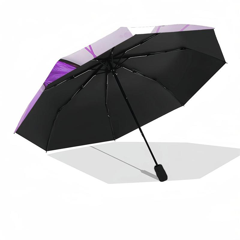 Purple Butterfly Auto Open Close Umbrella, Portable Tri-Fold Design with 8-Bone Iron Frame, Gift for Fans, Travelers, Daily Use, Perfect Pre