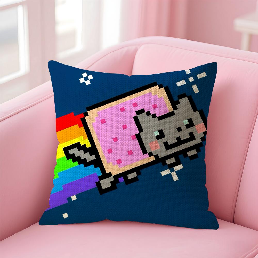 Cute Cat NNyan Cartoon Cushion Cover Natural Linen Pillow Case DoubleSided Print Decorative Sofa Pillowcase Home Decor Gift