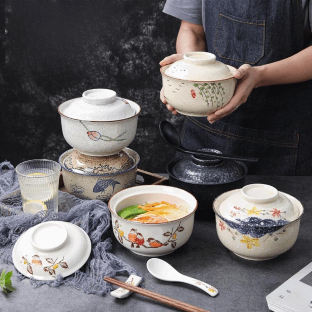 with Lid Japanese Style Ceramic Ramen Bowl 6.5inch Instant Noodle Bowl Elegant Soup Bowls Porridge
