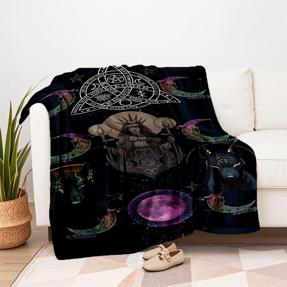 " Moon Phase Goddess and Dogs Wallpaper "Blanket Flannel Throw Blanket for Sofa, Bed, Travel, Camping, Office