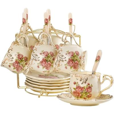 Çay Fincanları ve Tabakları 6'lı Set, 8 Oz Vintage Çiçekli Porselen Çay Fincanları Seti, Altın Raf ile Kahve Fincanları