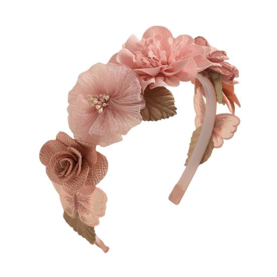 Soft Yarn Headband with Gauze Flowers Faux Pearls Decor Romantic
