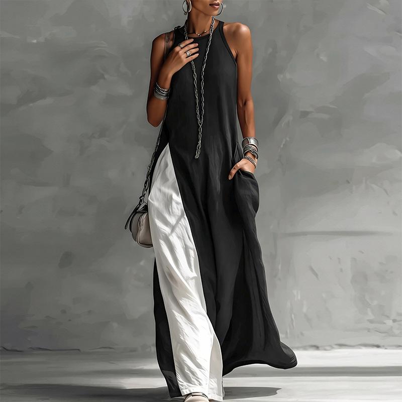 Spring New Women's Clothing, European and American, Fashionable and Elegant Color Contrasting Neck Sleeveless Dress
