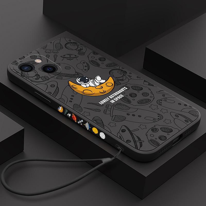 Cartoon Astronaut Silicone Case For iPhone 17e 16e 17 Pro 16 14 15 Pro Max Plus 13 11 12 Pro Shockproof TPU Lanyard Phone Cover