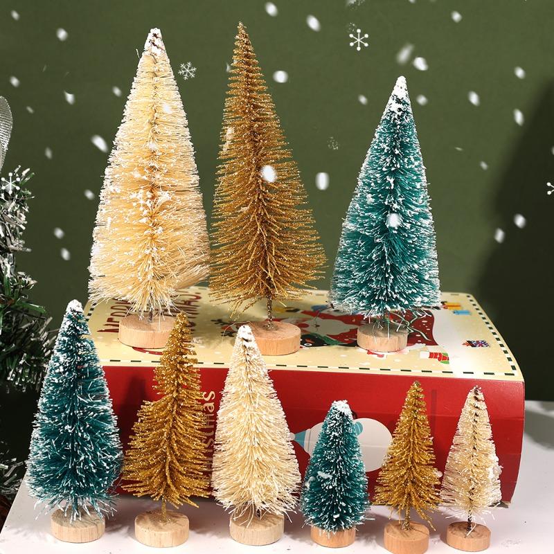 27/9pc Artificial Christmas Tree Artificial Miniature Pine Tabletop Tree Wood Base Xmas Ornaments Christmas Crafting Party Decor