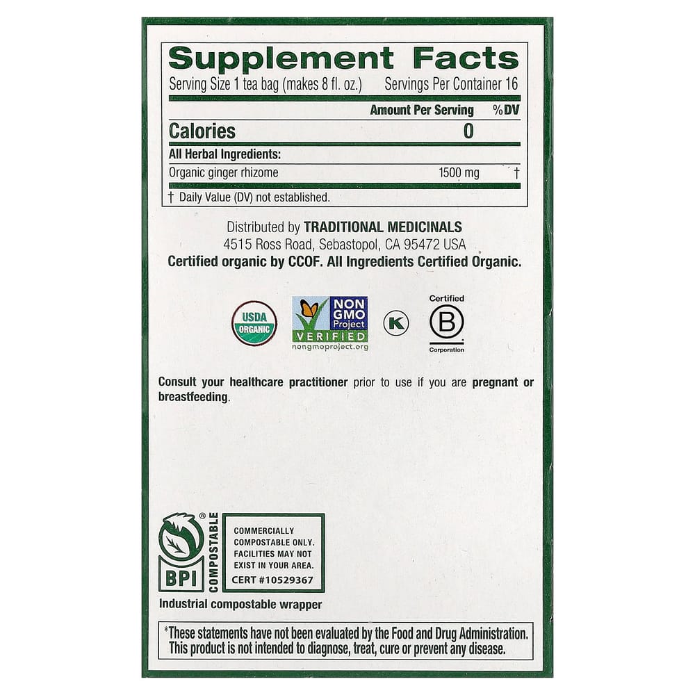 iHerb Traditional Medicinals Ginger Caffeine-Free Herbal Tea Bags, 16 Count