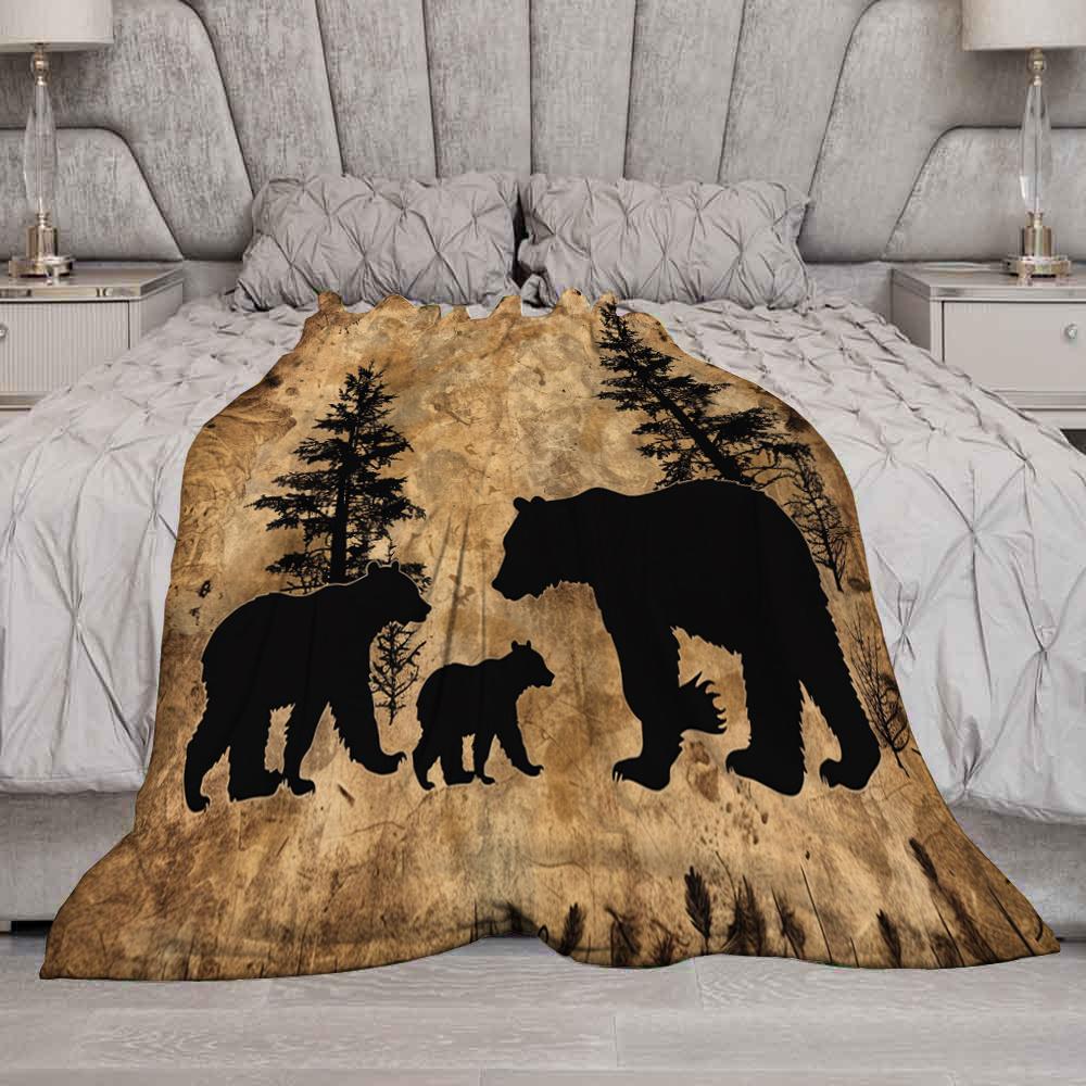 Minimalist Vintage Bear and Forest Print Throw Blanket for Sofa, Bed, Cabin Decor, and Nature Lover Gift