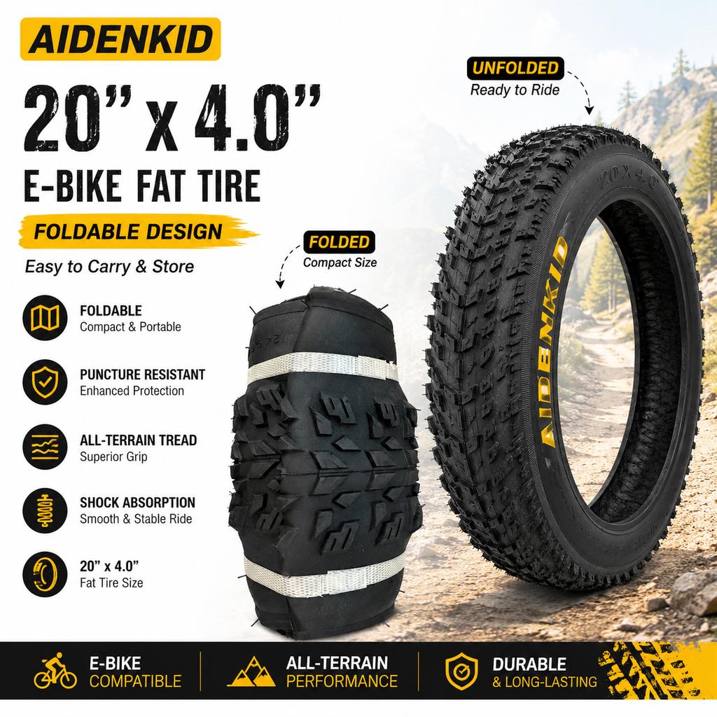 AIDENKID 20"x4.0 Faltbarer Fat Tire für E-Bike, All-Terrain Berg Schnee Strand Fahrradreifen, Pannensicherer Breiter Reifen
