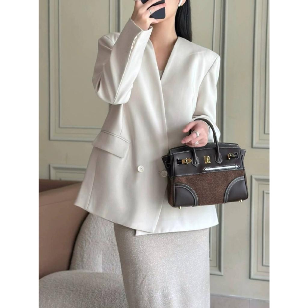 Haute Couture Version First Layer Swift Cowhide Splicing Felt, Contrasting Leather Handheld Women's Bag Shoulder Messenger Bag