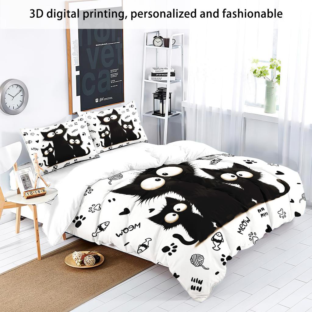 3pc Black Cat Printed Bedding Set with Coreless Soft and Comfortable Multi Size Machine Washable 1 Duvet Cover+2 Pillowcases