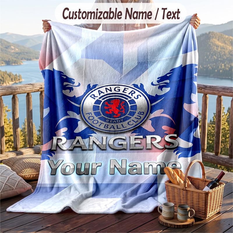 Flannel Blanket Rangers FC Print Custom Name Text Soft Throw for Sofa Bed