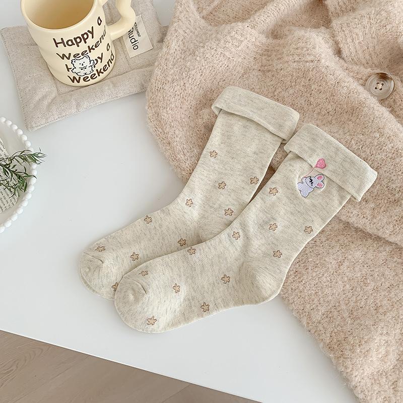 Female Autumn New Embroidery Bow-dot Cartoon Animal Cute Flanging Tube Pile Socks
