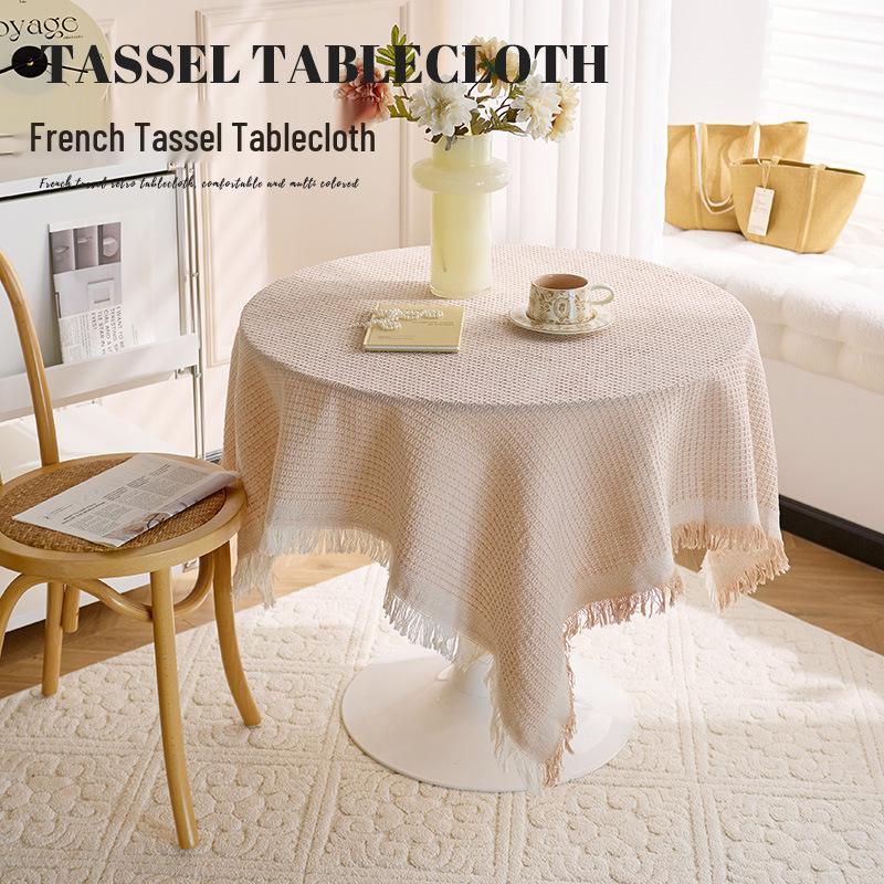 Pastoral White Tassel Tablecloth - French-Inspired Cotton Linen for Coffee and Bedside Tables