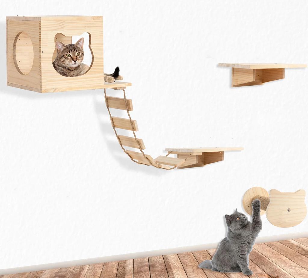Solid wood cat climbing frame wall Wooden staircase frame Installed with cat scratching posts Wall toys Nest Jumping platform