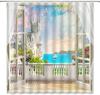 Sea View Shower Curtain Ocean Fantasy Castle Balcony Dreamy Beach Garden Summer Seaside Hawaii White Wooden Windows