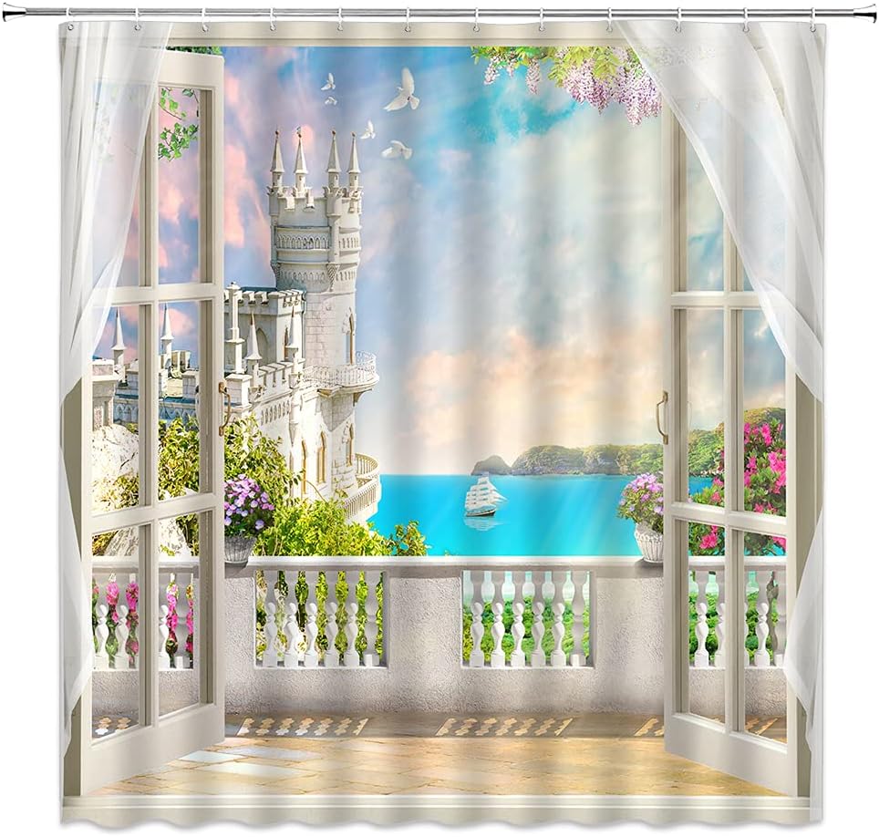 Sea View Shower Curtain Ocean Fantasy Castle Balcony Dreamy Beach Garden Summer Seaside Hawaii White Wooden Windows