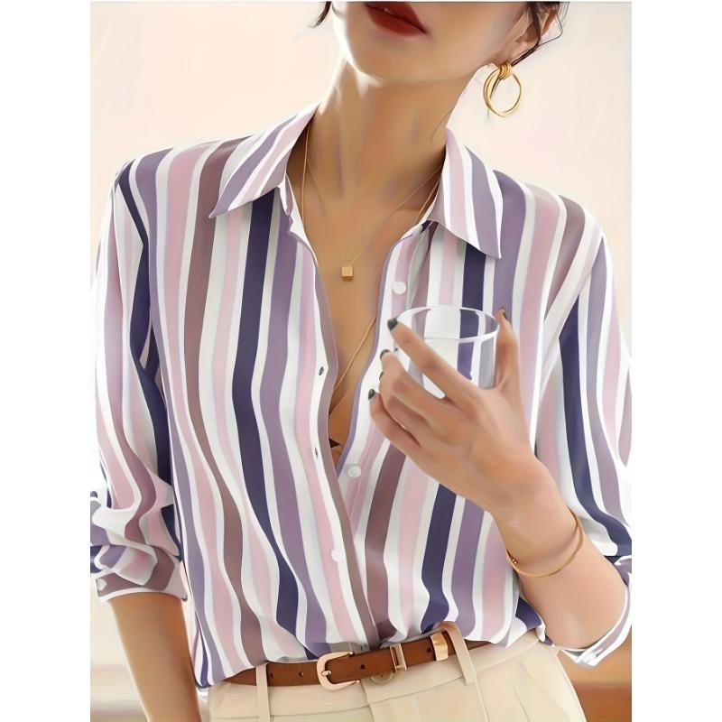 Women'S Casual Striped Shirt, Button-Up Design, Made Of, Suitable for Spring, Summer, And Autumn Casual Or Formal Wear