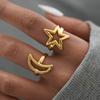 Stainless Steel Star and Moon Combination Series Adjustable Opening Rings 18k Gold PVD Plated Waterproof Zircon  For Women