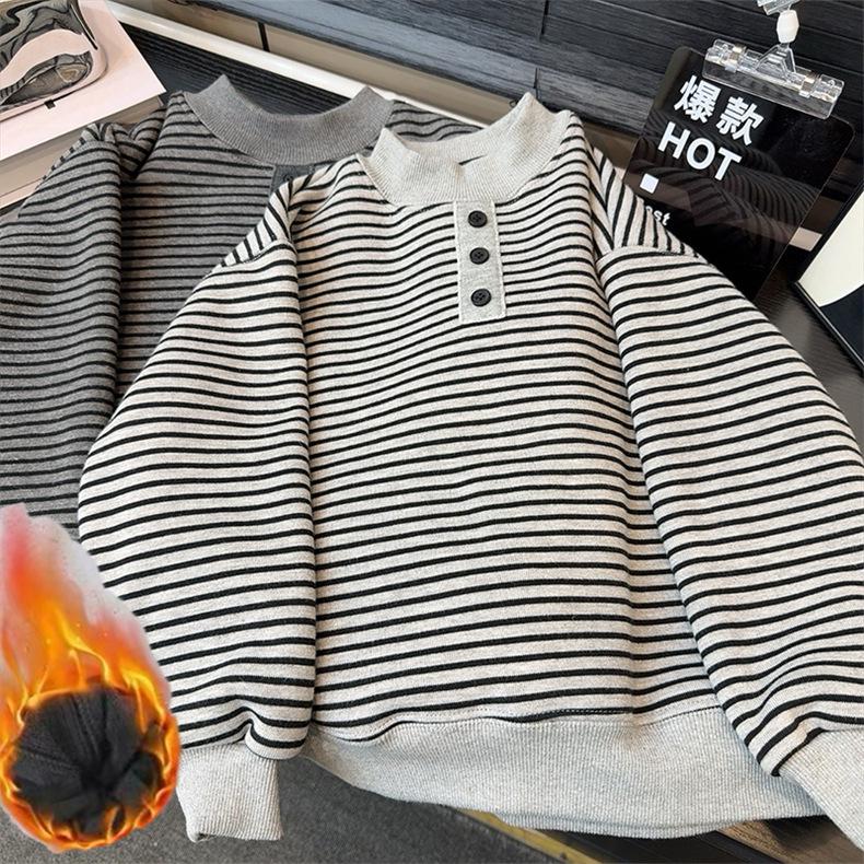Thickened Lambswool Boys' Striped Fleece-Lined Sweatshirt Winter Warm Base Layer for Mid-Large Children