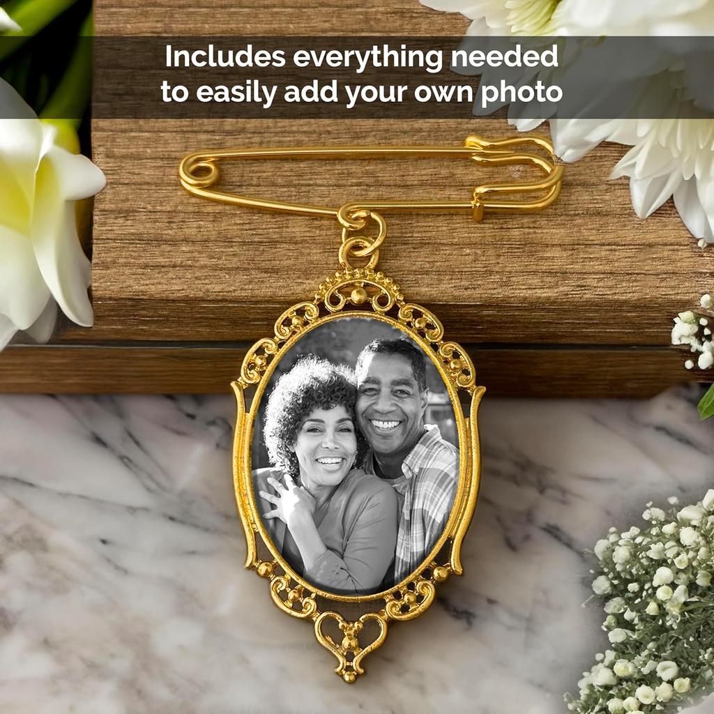 Gold Wedding Bouquet Photo Charm Pin for Bridal Flower Bouquet Memorial