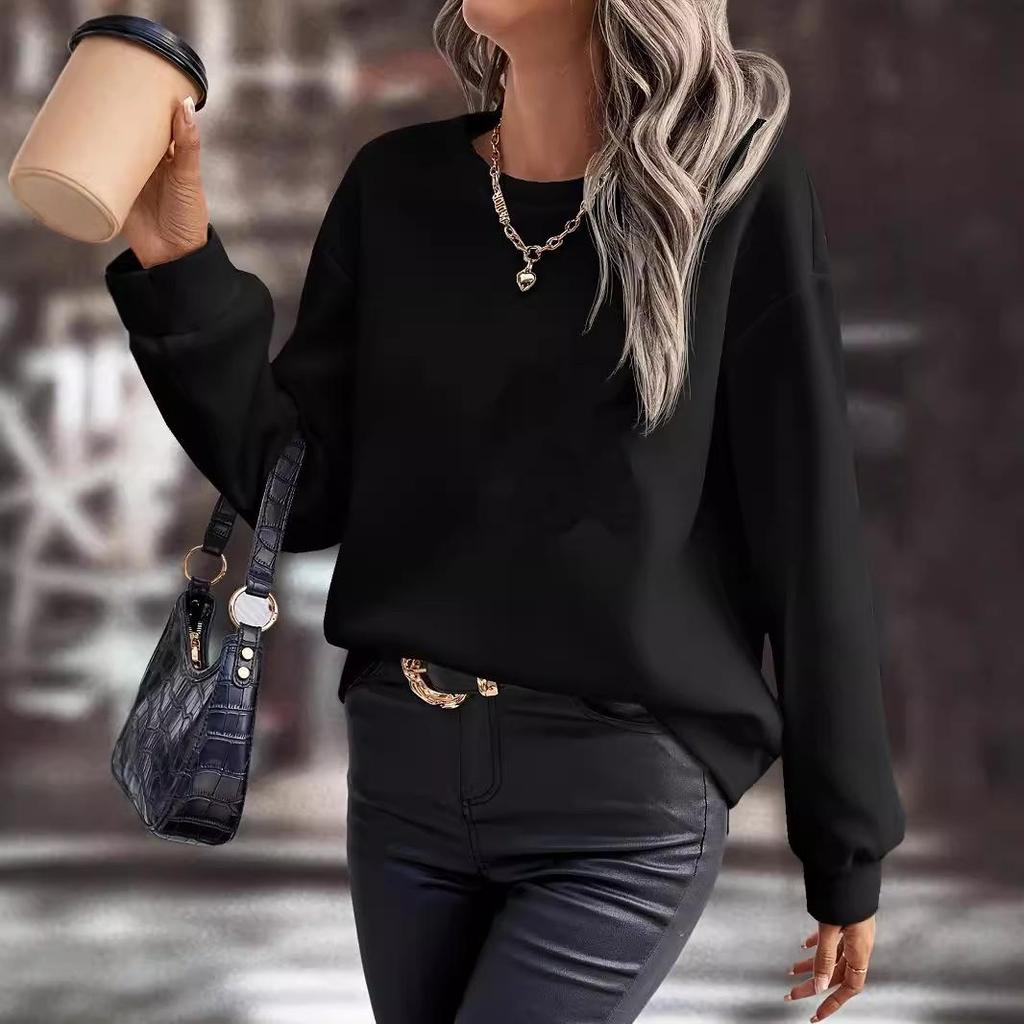 2024 Women's Solid Color Round Neck Loose Long Sleeve Autumn/Winter Hoodie