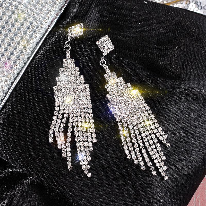 2025 Light Luxury Silver Needle Diamond Flower Tassel Earrings - Elegant European & American Style for Women